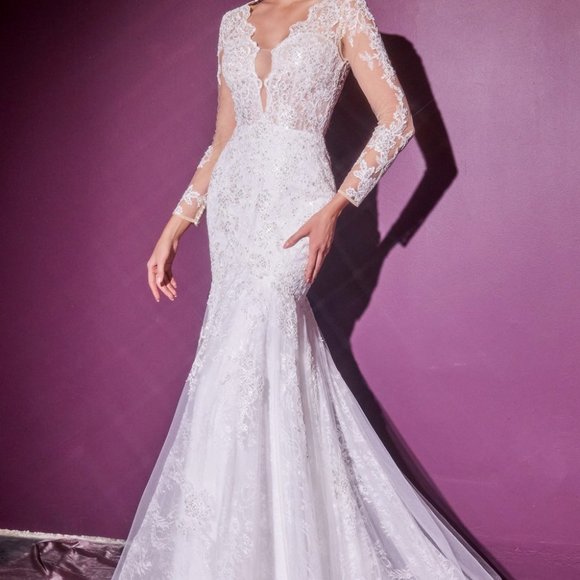 Bridal Wedding Long Sleeves Illusion V-Neck Long Sleeve Wedding Dress CD951W - Picture 3 of 4